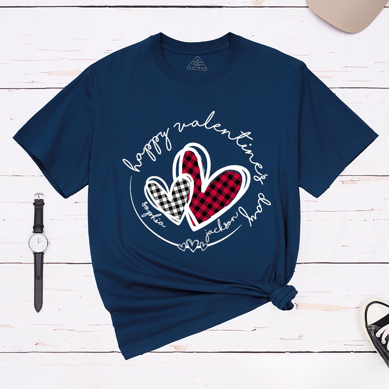 Personalized Couple Plaid Heart with Name Matching T-Shirt Happy Valentine's Day T-Shirt for Husband Wife Boyfriend Girlfriend Gift for Hubby Wifey