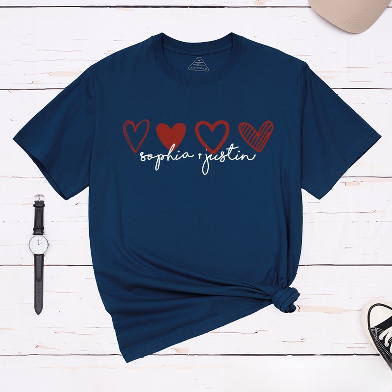 Personalized Couple Romantic 4 Hearts Matching T-Shirt with Name Valentine's Day T-Shirt for Husband Wife Boyfriend Girlfriend Gift for Hubby Wifey