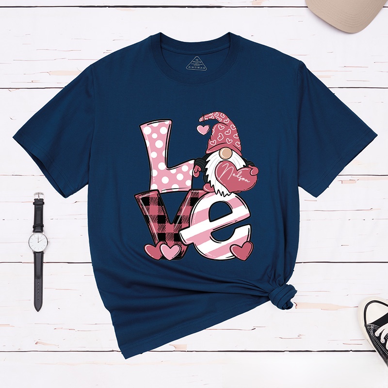 Personalized Couple Pink Love Gnome Holding Heart Matching T-Shirt Valentine's Day T-Shirt for Husband Wife Boyfriend Girlfriend Gift for Hubby Wifey