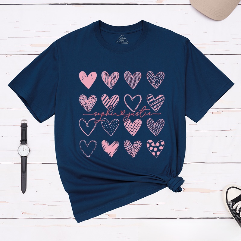 Personalized Couple Sweet Pink Hearts Matching T-Shirt with Name Valentine's Day T-Shirt for Husband Wife Boyfriend Girlfriend Gift for Hubby Wifey