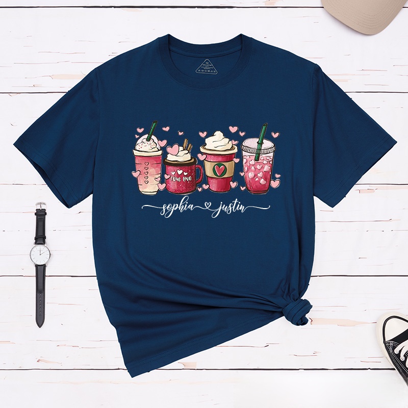 Personalized Couple Coffee Cup and Heart Matching T-Shirt with Name Valentine's Day T-Shirt for Husband Wife Boyfriend Girlfriend Gift for Hubby Wifey