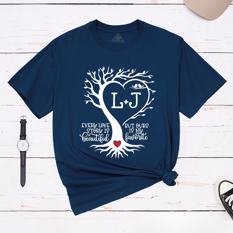 Personalized Couple Heart-Shaped Tree Matching T-Shirt with Initials Valentine's Day Classic T-Shirt for Husband Wife Boyfriend Girlfriend Gift