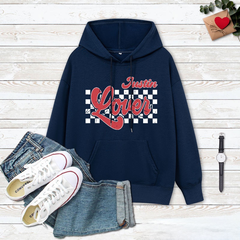 Personalized Couple Retro Checkerboard Lover Valentine's Day Hoodie with Name Couple Sweatshirt for Boyfriend Girlfriend Hubby Wifey Husband Wife