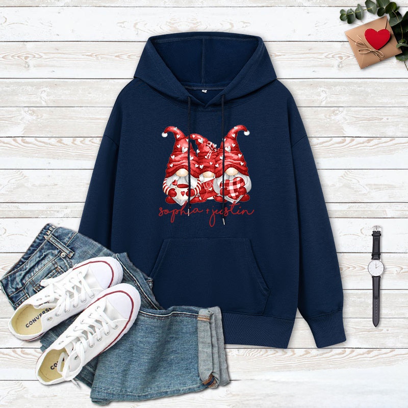 Personalized Couple Three Heart Gnome Valentine's Day Hoodie with Name Couple Sweatshirt for Boyfriend Girlfriend Husband Wife Hubby Wifey