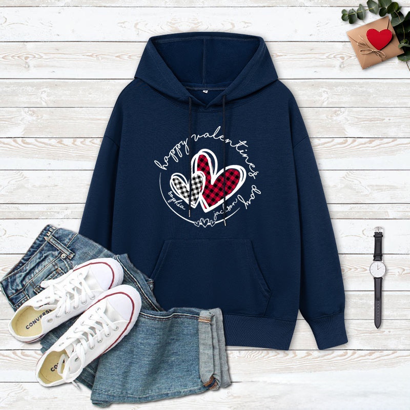 Personalized Couple Plaid Heart Happy Valentine's Day Hoodie with Name Couple Sweatshirt for Boyfriend Girlfriend Husband Wife