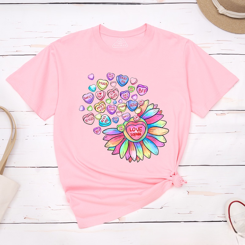 Personalized Couple Colorful Flower and Candy Matching T-Shirt Valentine's Day T-Shirt for Husband Wife Boyfriend Girlfriend Gift for Hubby Wifey