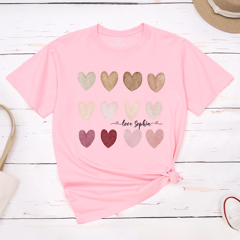 Personalized Couple Watercolor Heart Matching T-Shirt with Name Valentine's Day T-Shirt for Husband Wife Boyfriend Girlfriend Gift for Hubby Wifey