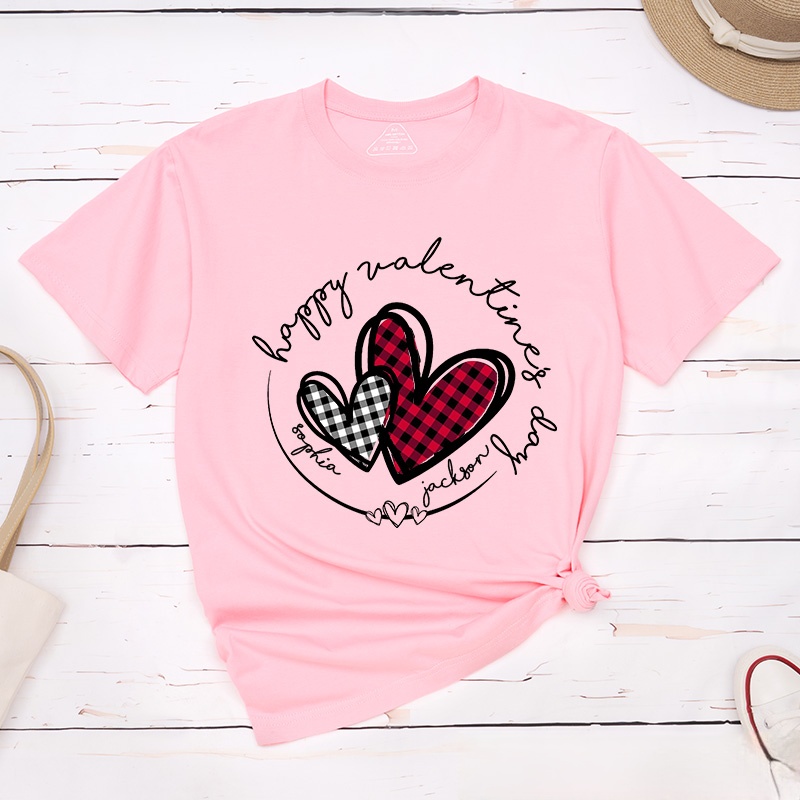 Personalized Couple Plaid Heart with Name Matching T-Shirt Happy Valentine's Day T-Shirt for Husband Wife Boyfriend Girlfriend Gift for Hubby Wifey
