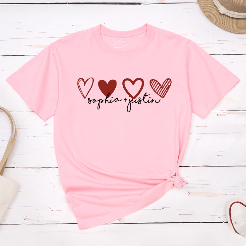 Personalized Couple Romantic 4 Hearts Matching T-Shirt with Name Valentine's Day T-Shirt for Husband Wife Boyfriend Girlfriend Gift for Hubby Wifey