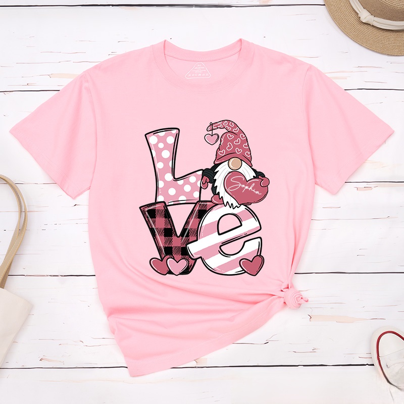 Personalized Couple Pink Love Gnome Holding Heart Matching T-Shirt Valentine's Day T-Shirt for Husband Wife Boyfriend Girlfriend Gift for Hubby Wifey