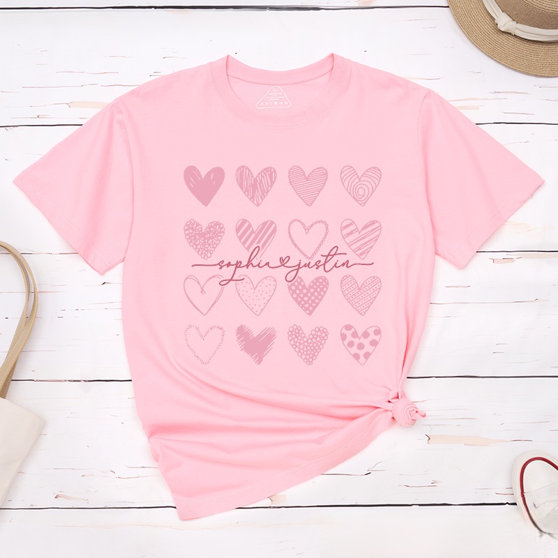 Personalized Couple Sweet Pink Hearts Matching T-Shirt with Name Valentine's Day T-Shirt for Husband Wife Boyfriend Girlfriend Gift for Hubby Wifey