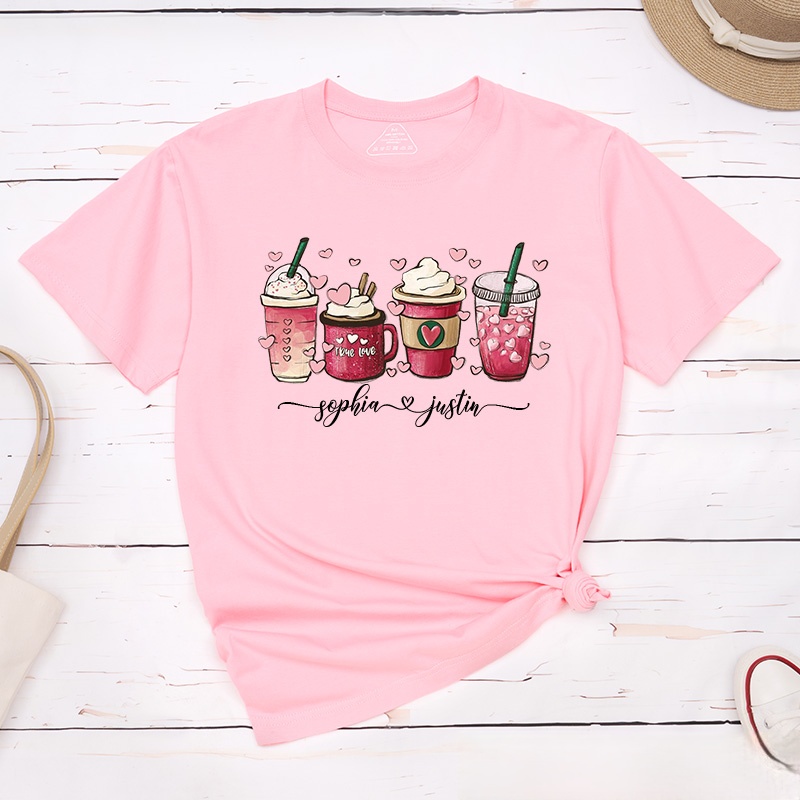 Personalized Couple Coffee Cup and Heart Matching T-Shirt with Name Valentine's Day T-Shirt for Husband Wife Boyfriend Girlfriend Gift for Hubby Wifey