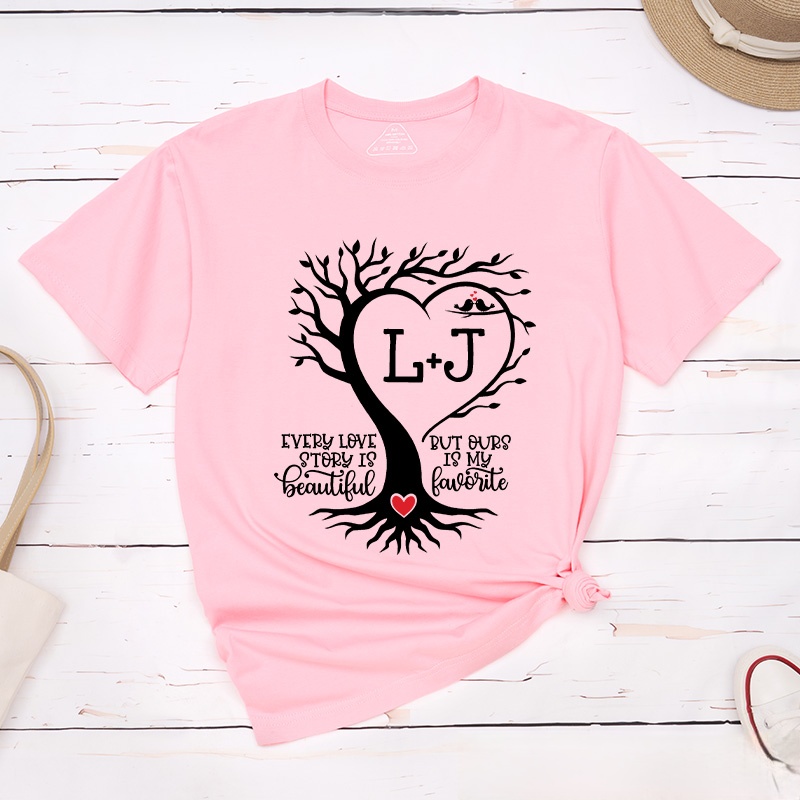 Personalized Couple Heart-Shaped Tree Matching T-Shirt with Initials Valentine's Day Classic T-Shirt for Husband Wife Boyfriend Girlfriend Gift