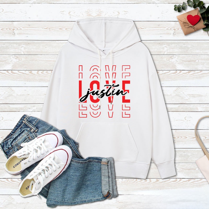 Personalized Couple Love Her and Love His Valentine's Day Hoodie with Name Couple Sweatshirt for Boyfriend Girlfriend Husband Wife Hubby Wifey