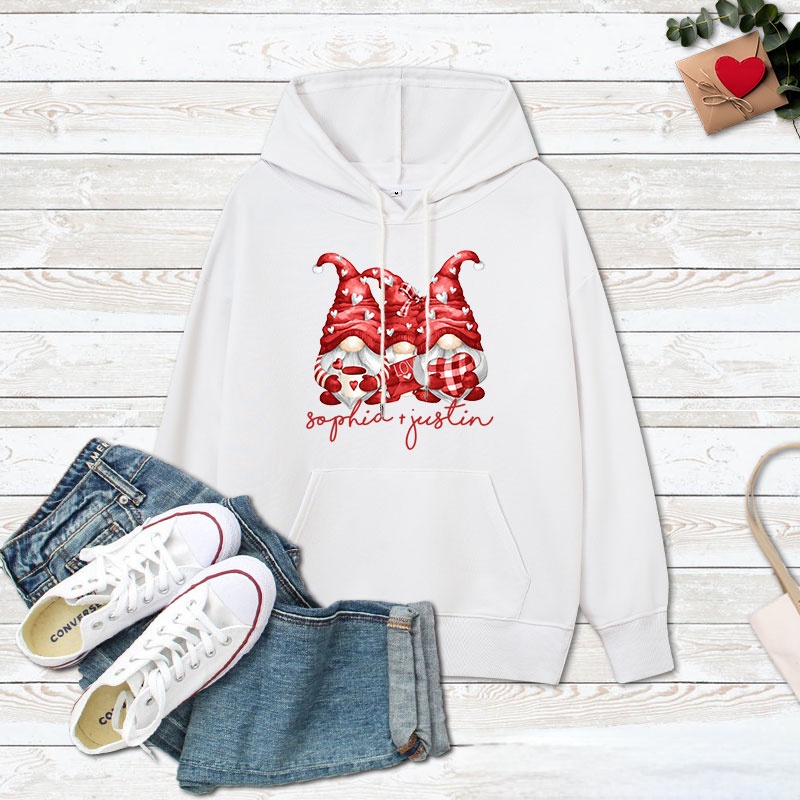 Personalized Couple Three Heart Gnome Valentine's Day Hoodie with Name Couple Sweatshirt for Boyfriend Girlfriend Husband Wife Hubby Wifey