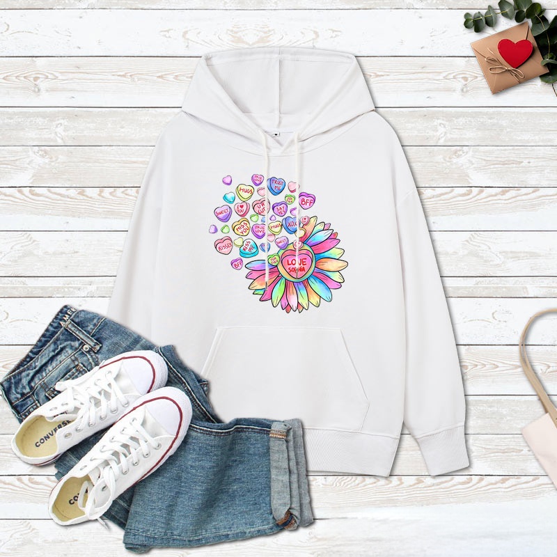 Personalized Couple Colorful Flower with Heart Hoodie Couple Valentine's Day Sweatshirt for Boyfriend Girlfriend Husband Wife