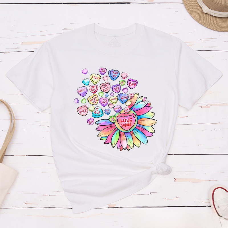 Personalized Couple Colorful Flower and Candy Matching T-Shirt Valentine's Day T-Shirt for Husband Wife Boyfriend Girlfriend Gift for Hubby Wifey