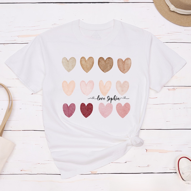 Personalized Couple Watercolor Heart Matching T-Shirt with Name Valentine's Day T-Shirt for Husband Wife Boyfriend Girlfriend Gift for Hubby Wifey