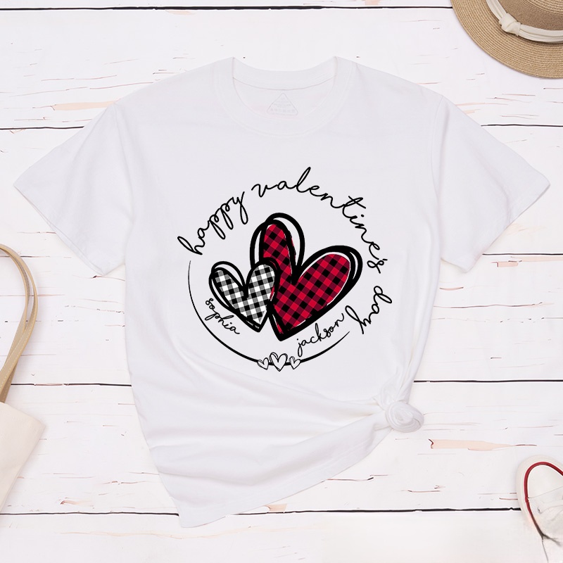 Personalized Couple Plaid Heart with Name Matching T-Shirt Happy Valentine's Day T-Shirt for Husband Wife Boyfriend Girlfriend Gift for Hubby Wifey