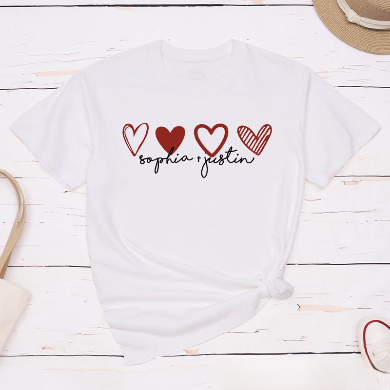 Personalized Couple Romantic 4 Hearts Matching T-Shirt with Name Valentine's Day T-Shirt for Husband Wife Boyfriend Girlfriend Gift for Hubby Wifey