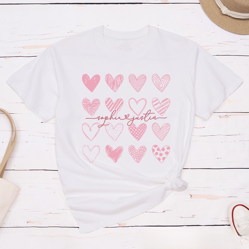 Personalized Couple Sweet Pink Hearts Matching T-Shirt with Name Valentine's Day T-Shirt for Husband Wife Boyfriend Girlfriend Gift for Hubby Wifey