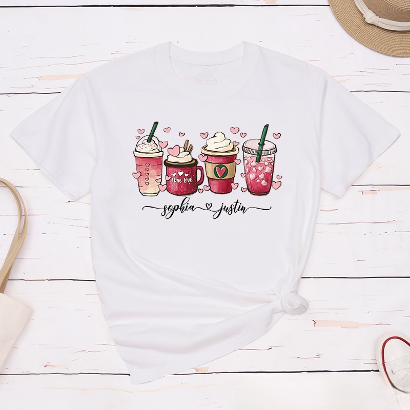 Personalized Couple Coffee Cup and Heart Matching T-Shirt with Name Valentine's Day T-Shirt for Husband Wife Boyfriend Girlfriend Gift for Hubby Wifey