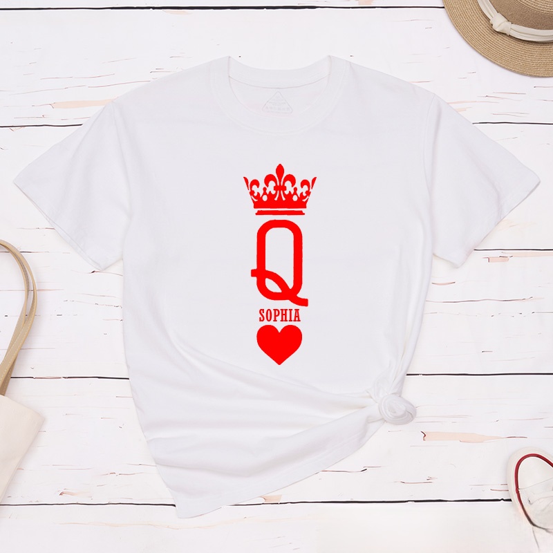 Personalized Minimalist Couple King and Queen with Crown Matching T-Shirt with Name Valentine's Day T-Shirt for Husband Wife Boyfriend Girlfriend Gift
