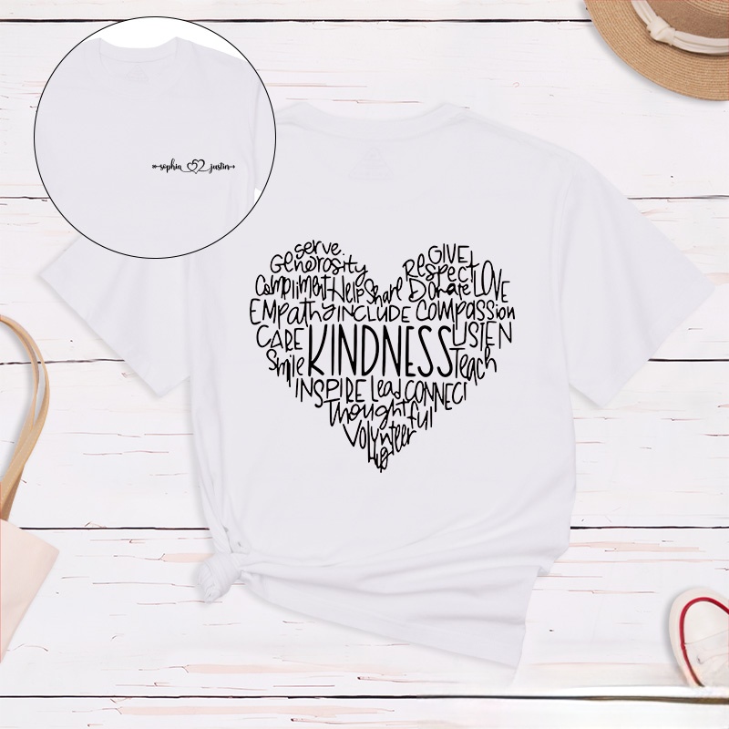 Personalized Couple Kindness and Love Matching T-Shirt Valentine's Day Heart-Shaped Word T-Shirt for Husband Wife Boyfriend Girlfriend Gift