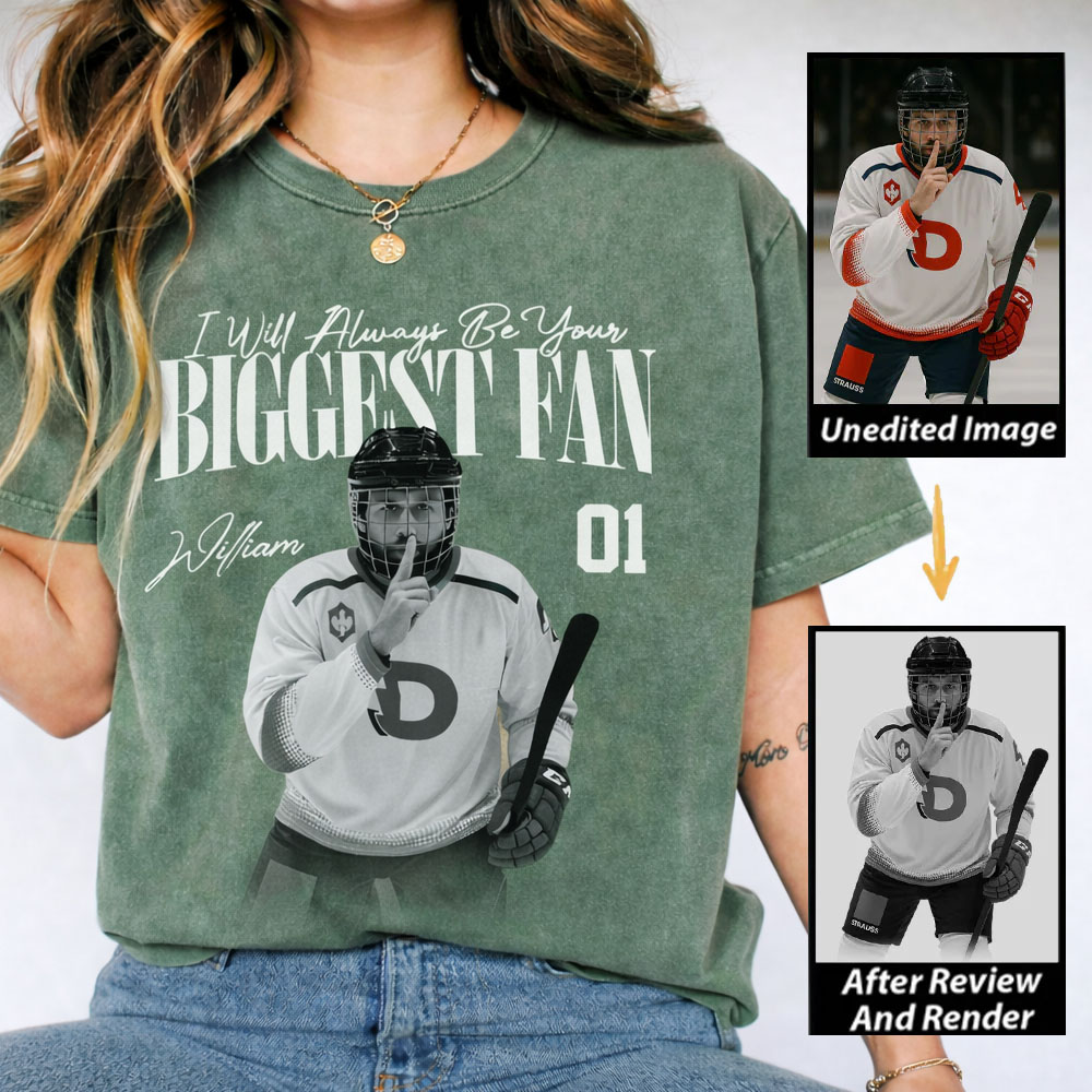 Personalized Ice Hockey Fan Washed T-Shirt with Custom Player Image, Name, and Number