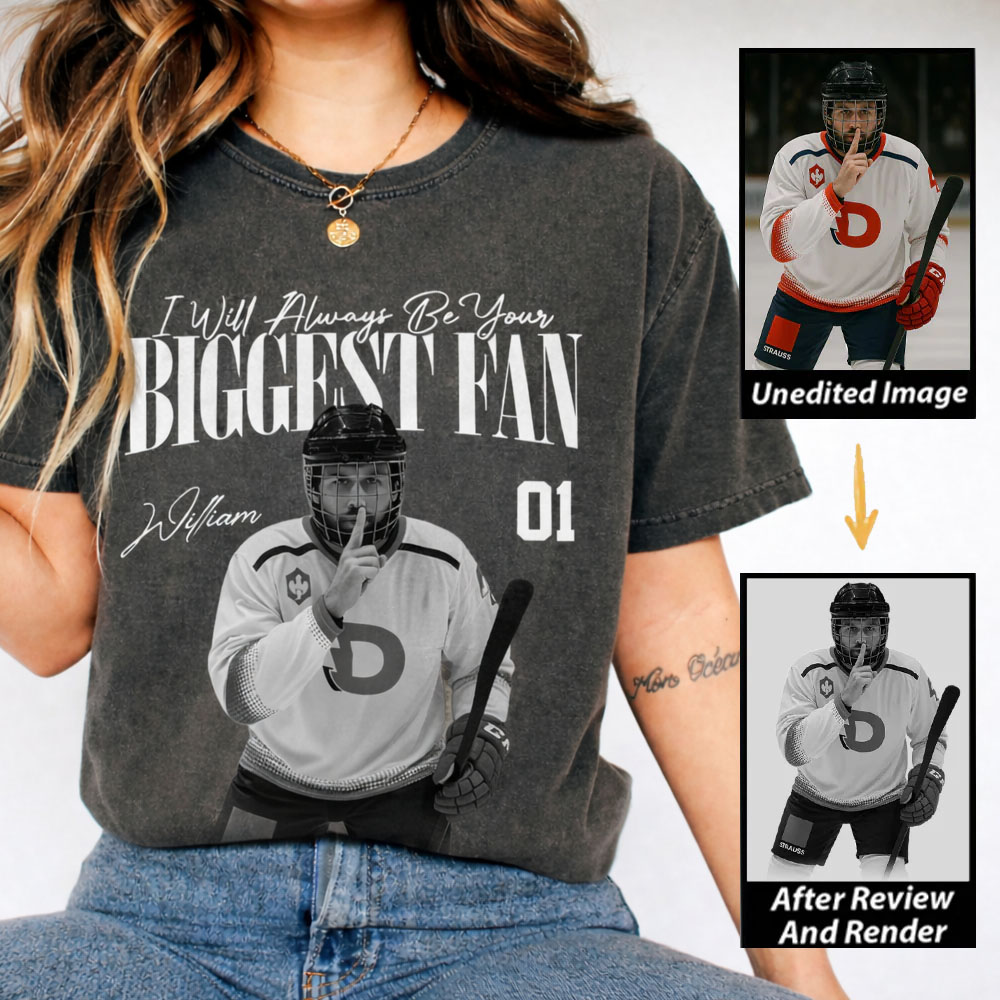 Personalized Ice Hockey Fan Washed T-Shirt with Custom Player Image, Name, and Number
