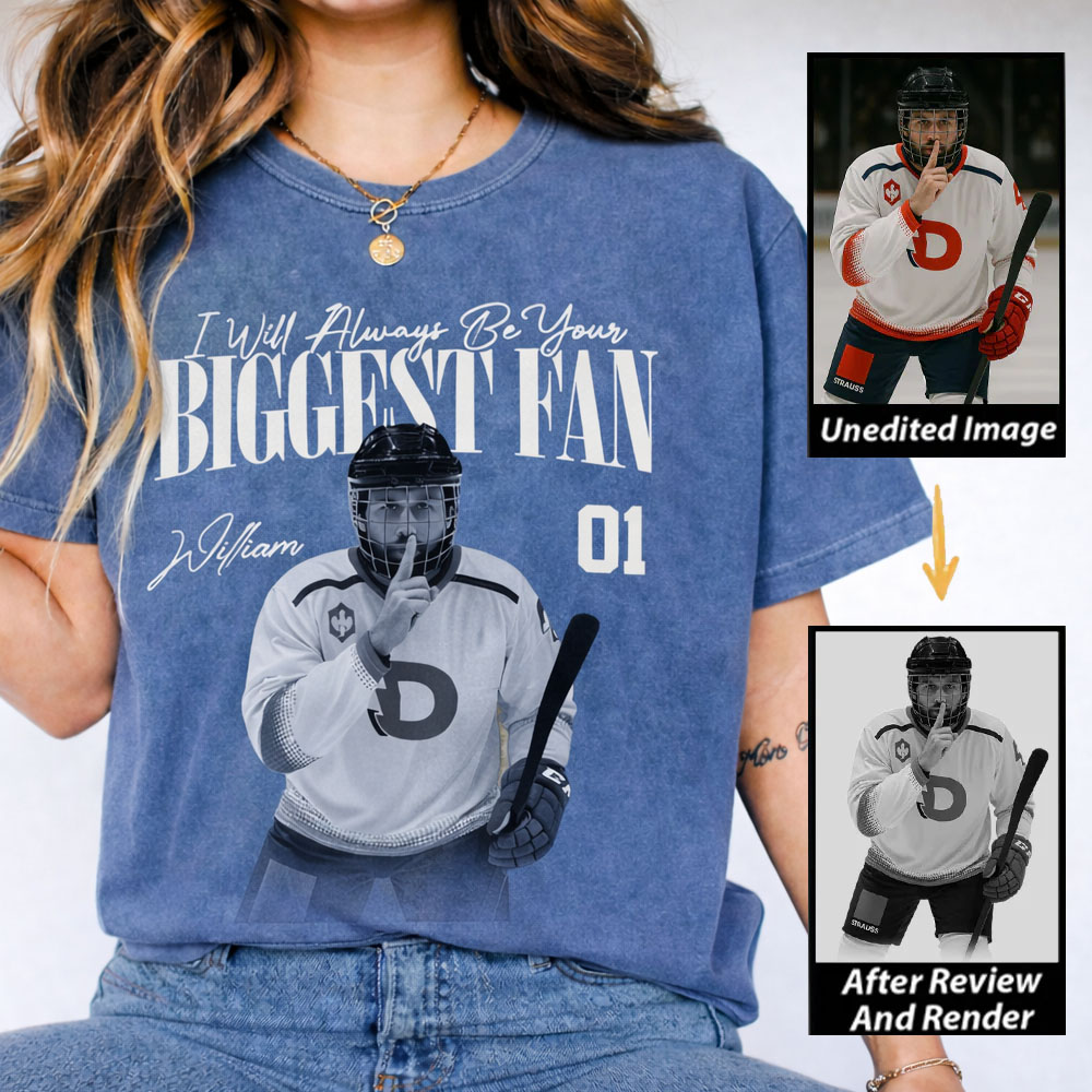 Personalized Ice Hockey Fan Washed T-Shirt with Custom Player Image, Name, and Number