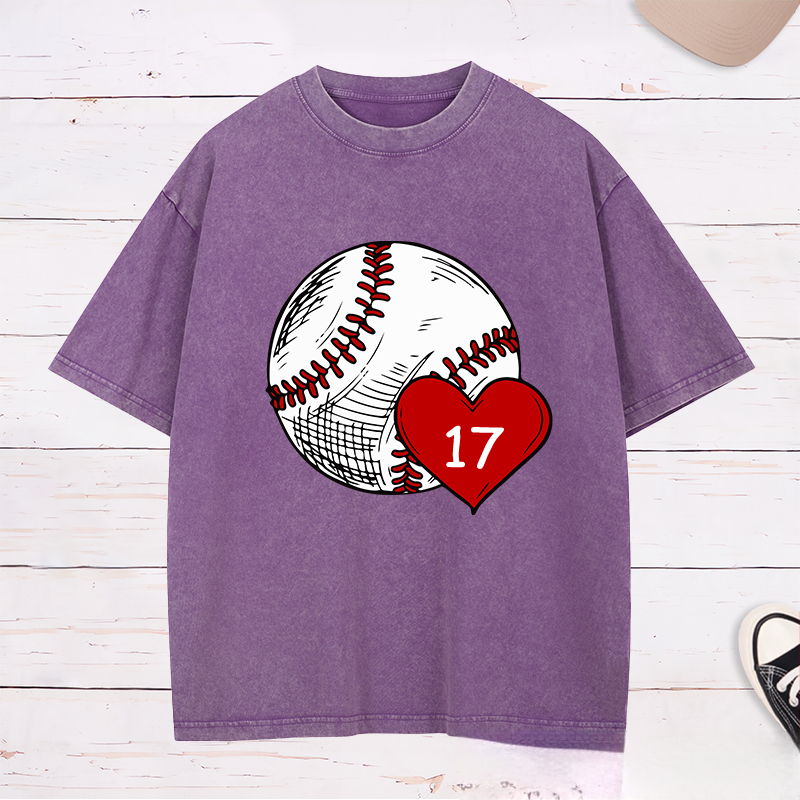 Personalized Baseball Fan Washed T-Shirts with Heart and Number Graphic for a Loving Touch