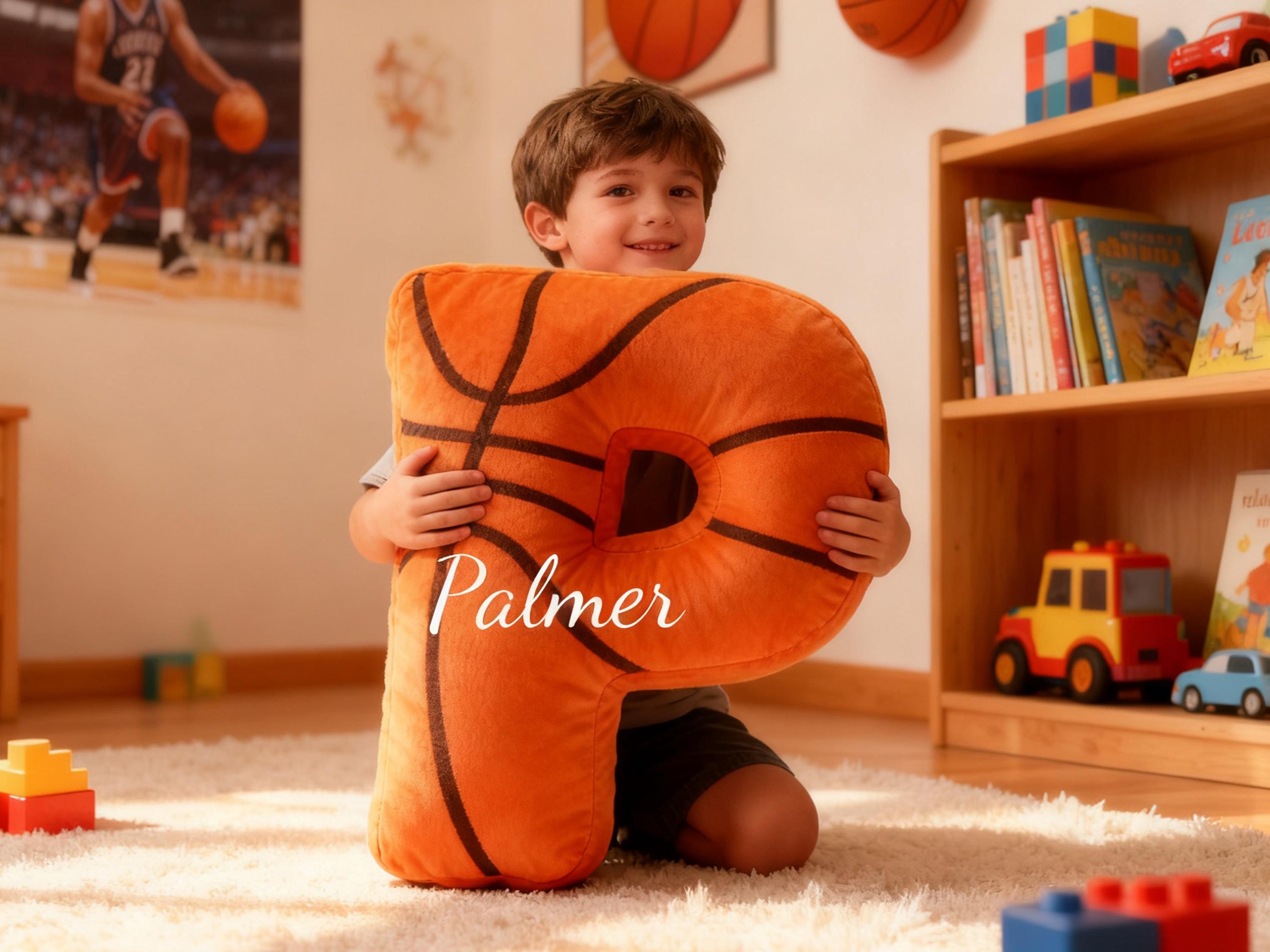 Personalized Kids Initial Basketball Pillow with Custom Name For Basketball Lover