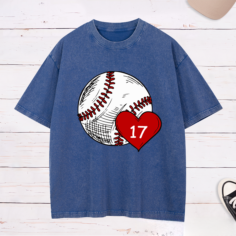 Personalized Baseball Fan Washed T-Shirts with Heart and Number Graphic for a Loving Touch