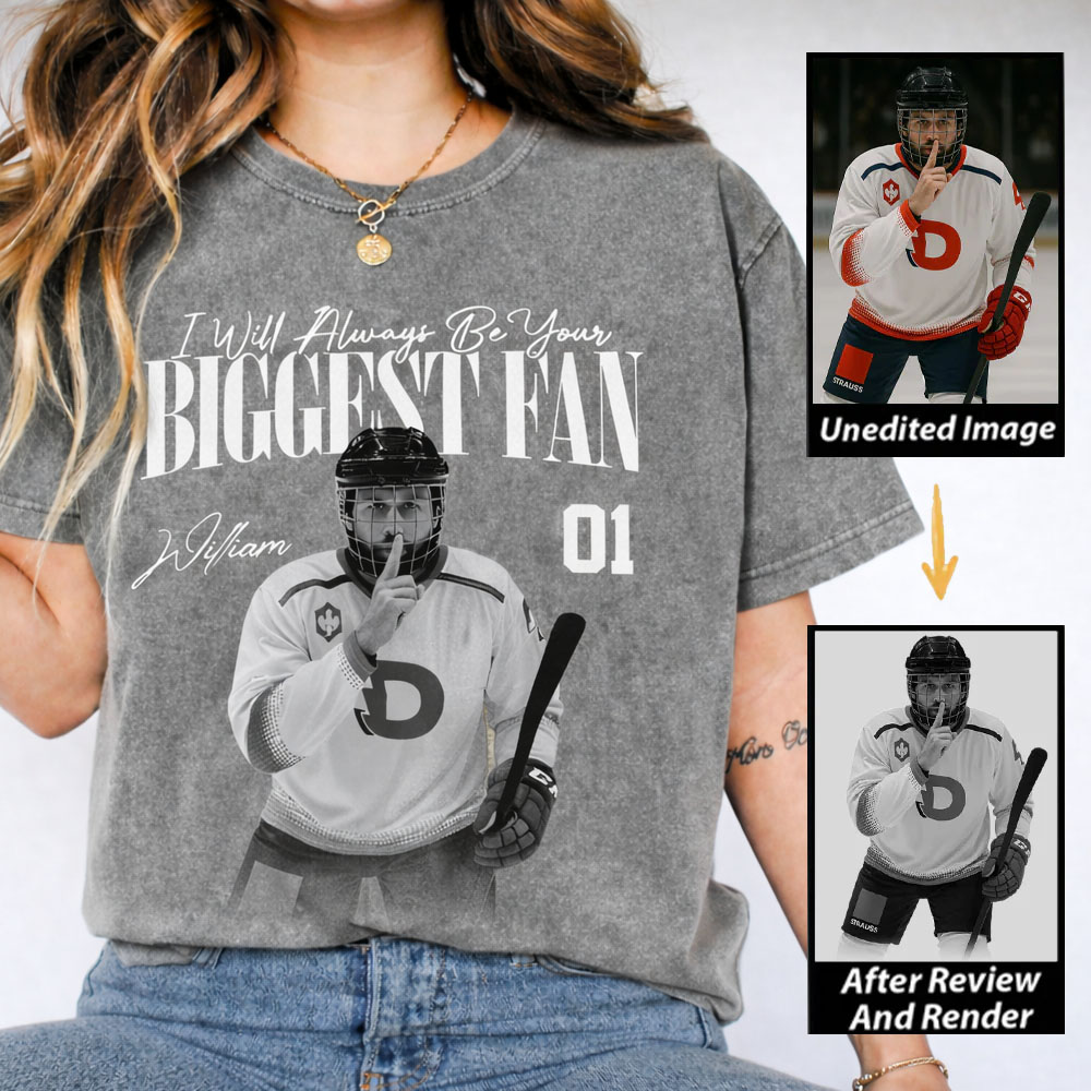 Personalized Ice Hockey Fan Washed T-Shirt with Custom Player Image, Name, and Number