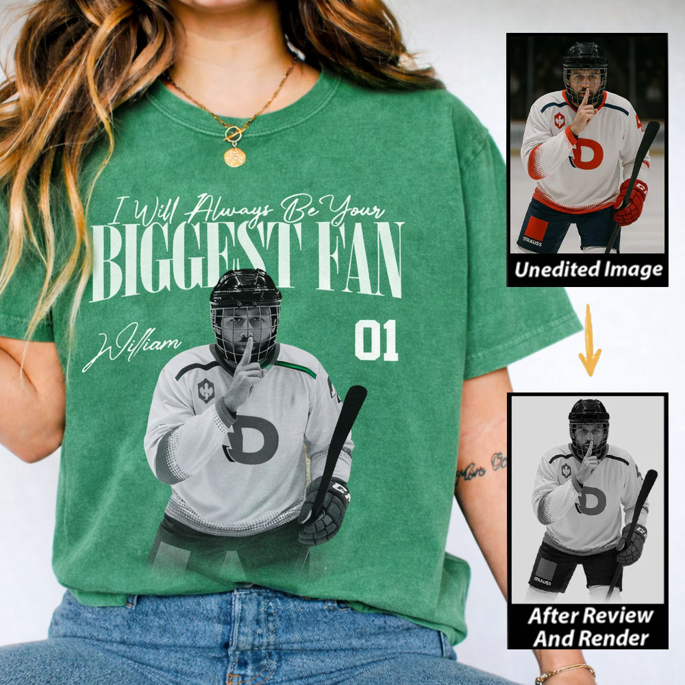 Personalized Ice Hockey Fan Washed T-Shirt with Custom Player Image, Name, and Number