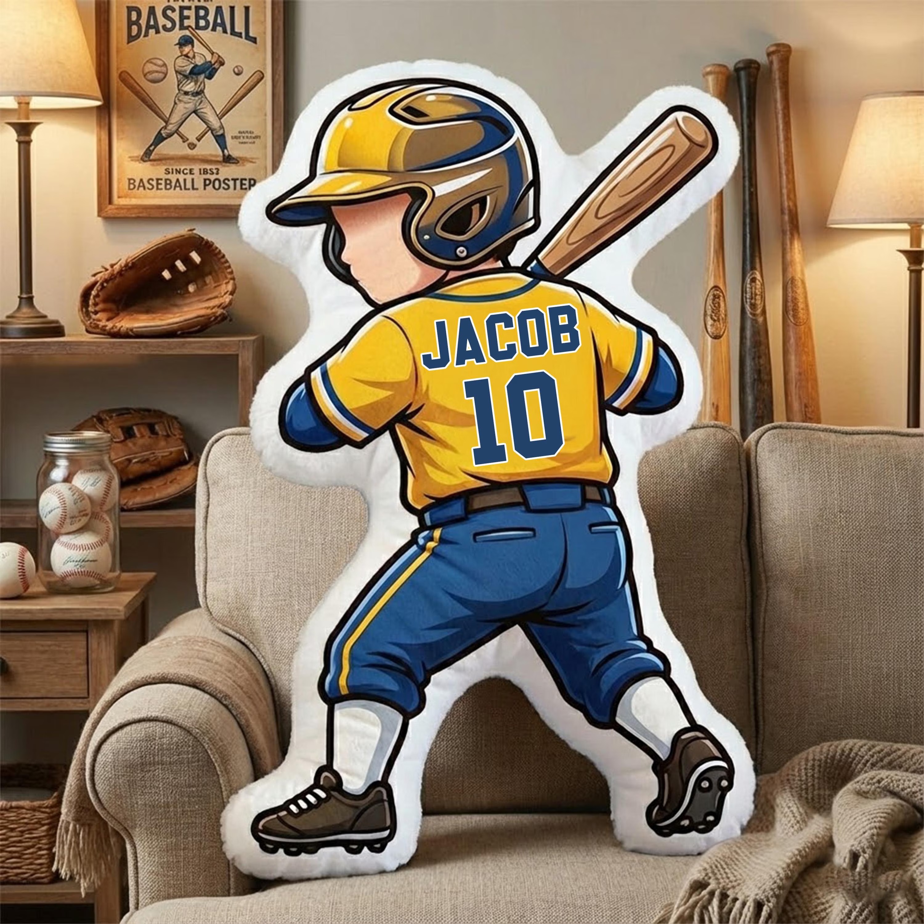 Personalized Baseball Player Pillow with Custom Name and Number Baseball Cushion Cute Sports Gift for Boyfriend Baseball Lover Gift