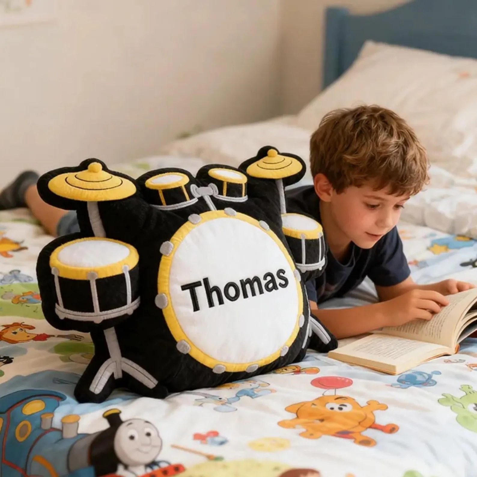 Personalized Printed Drum Set Pillow, Custom Name Drum Cushion Decor, Unique Gift for Music Lovers