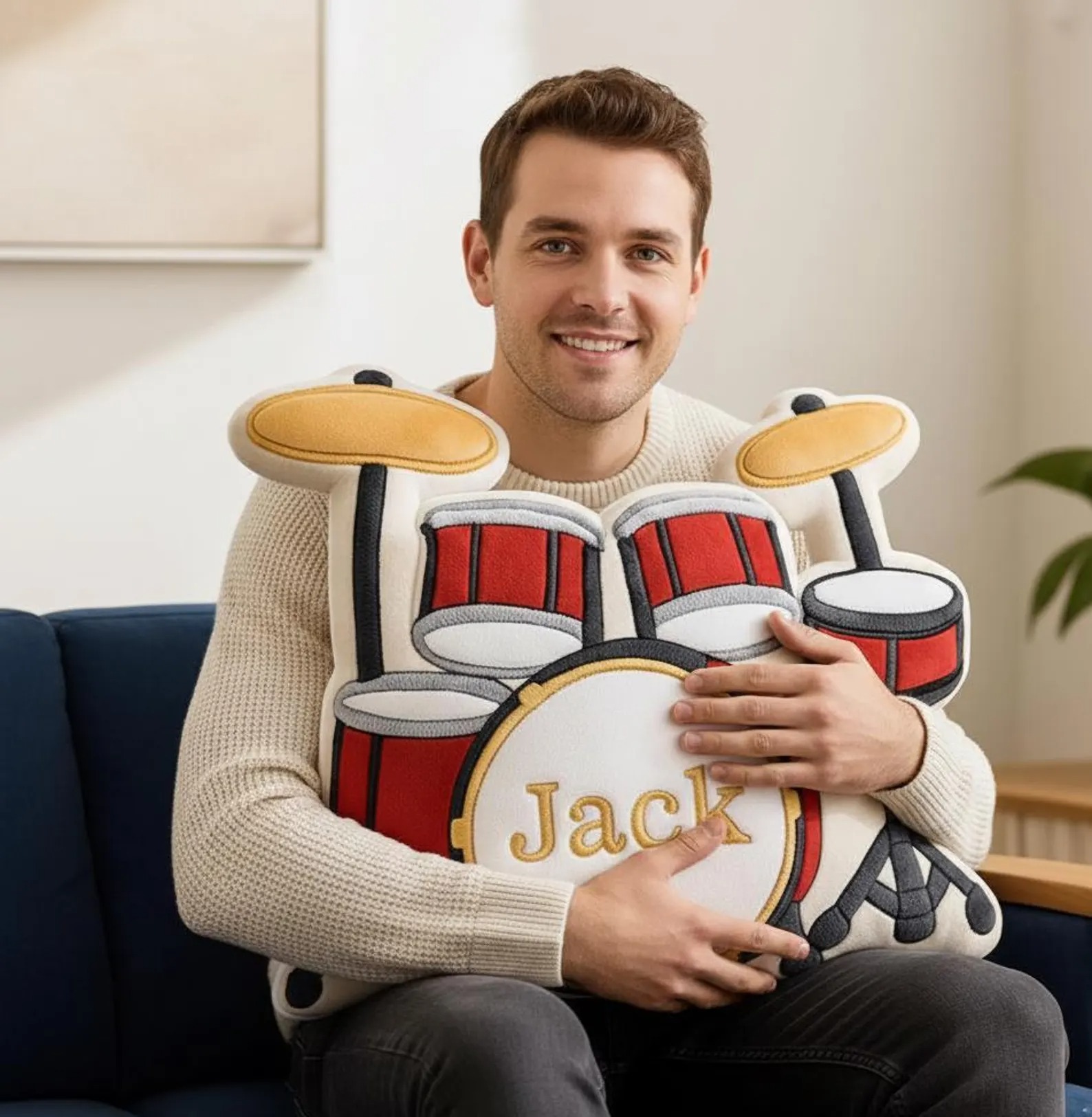 Personalized Printed Drum Set Pillow, Custom Name Drum Cushion Decor, Unique Gift for Music Lovers