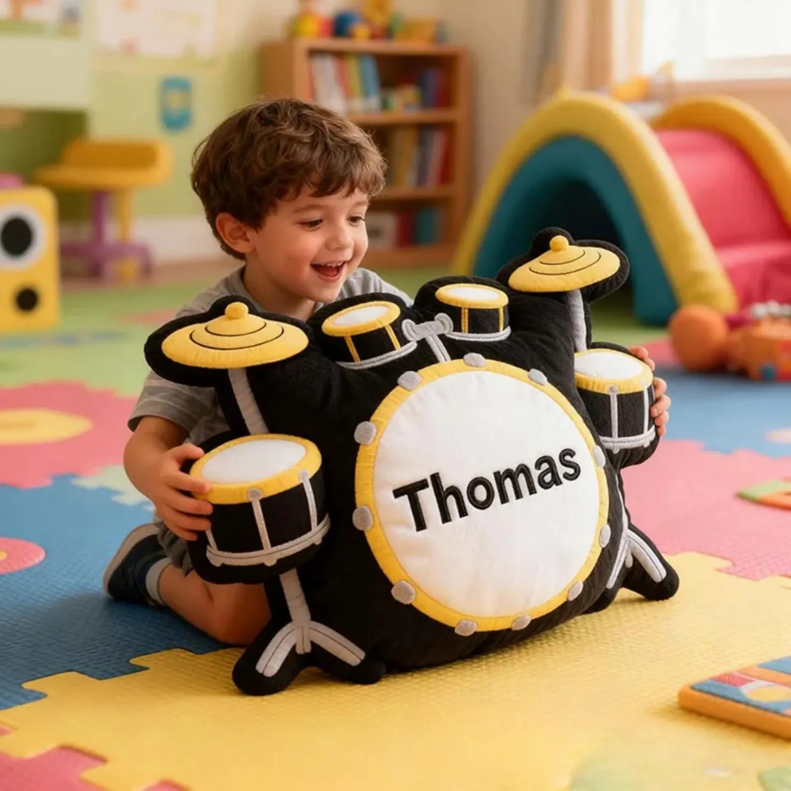 Personalized Printed Drum Set Pillow, Custom Name Drum Cushion Decor, Unique Gift for Music Lovers