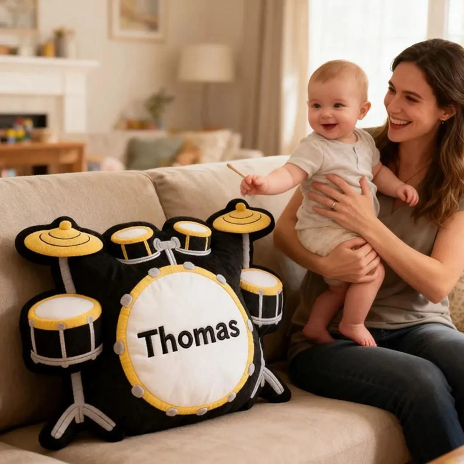 Personalized Printed Drum Set Pillow, Custom Name Drum Cushion Decor, Unique Gift for Music Lovers