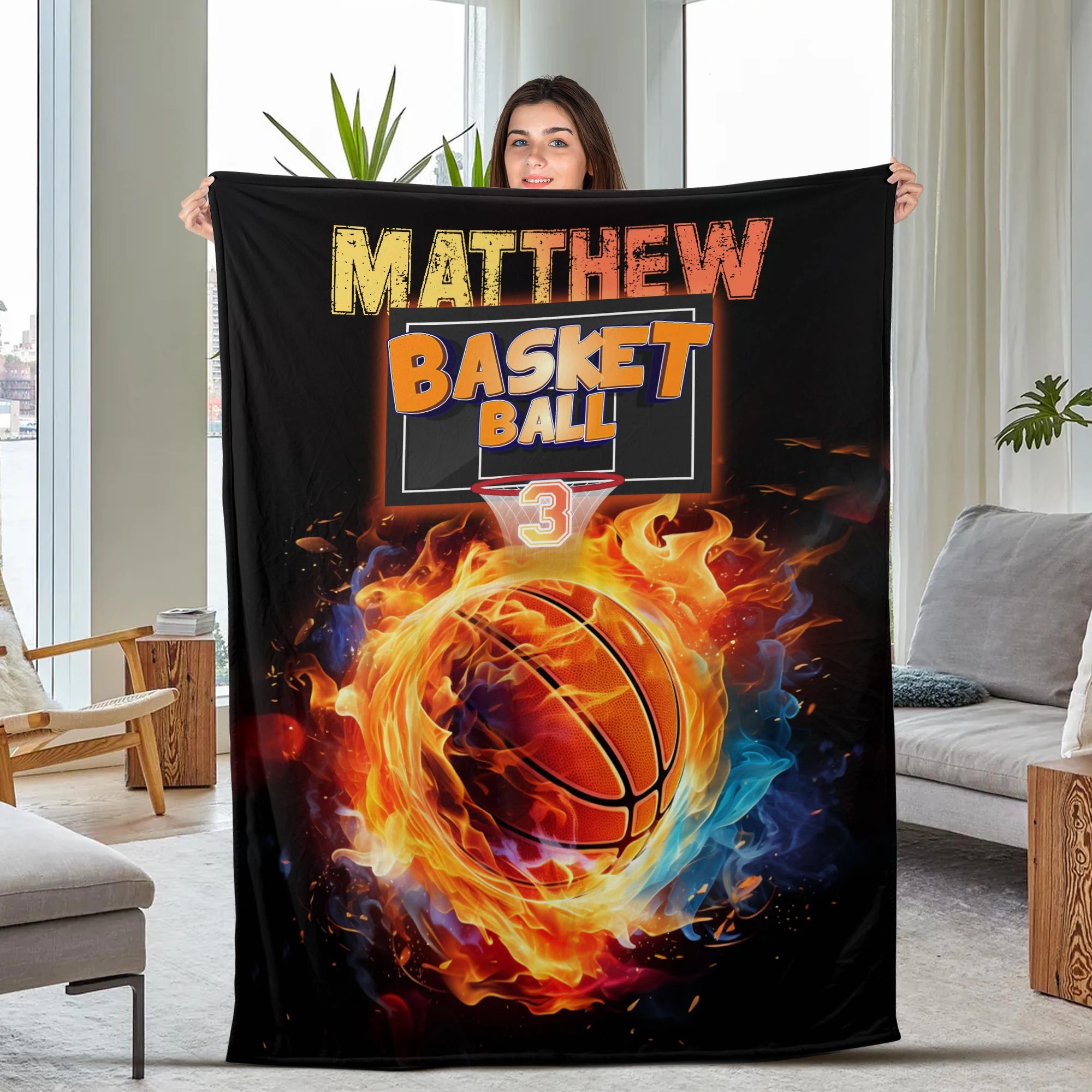 Personalized Name And Number Basketball Blanket, Basketball Blanket, Basketball Gifts,Gift For Basketball Player,Basketball Team Gift