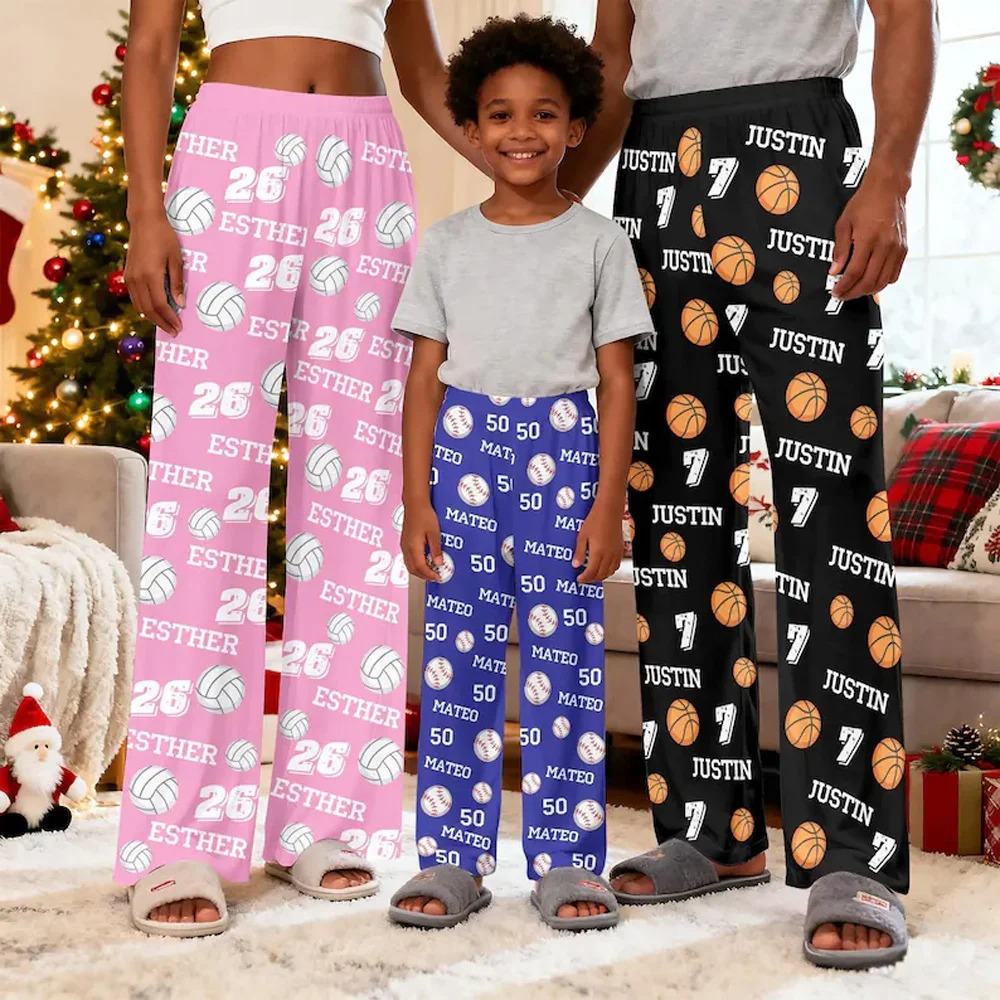 Personalized Balls Print Themed Casual Pajama Pants with Custom Name and Number for Team Gifts