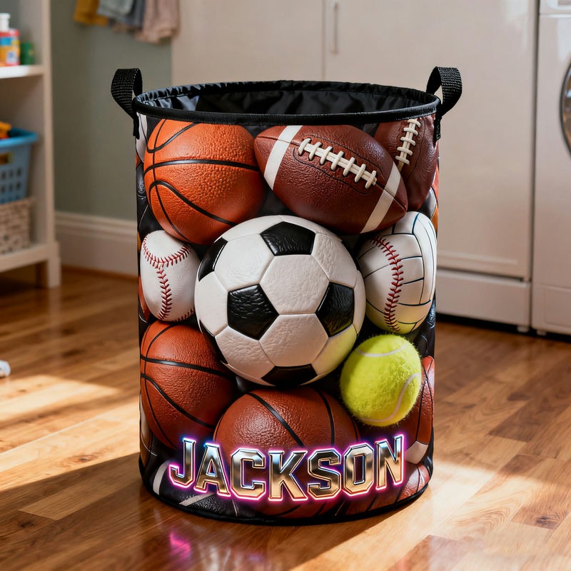 Personalized Sports Ball Themed Storage Basket with Custom Name for Sports Lovers