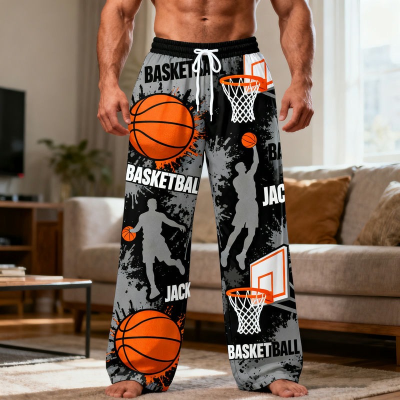 Personalized Basketball Print Themed Casual Pajama Pants with Custom Name for Basketball Lovers
