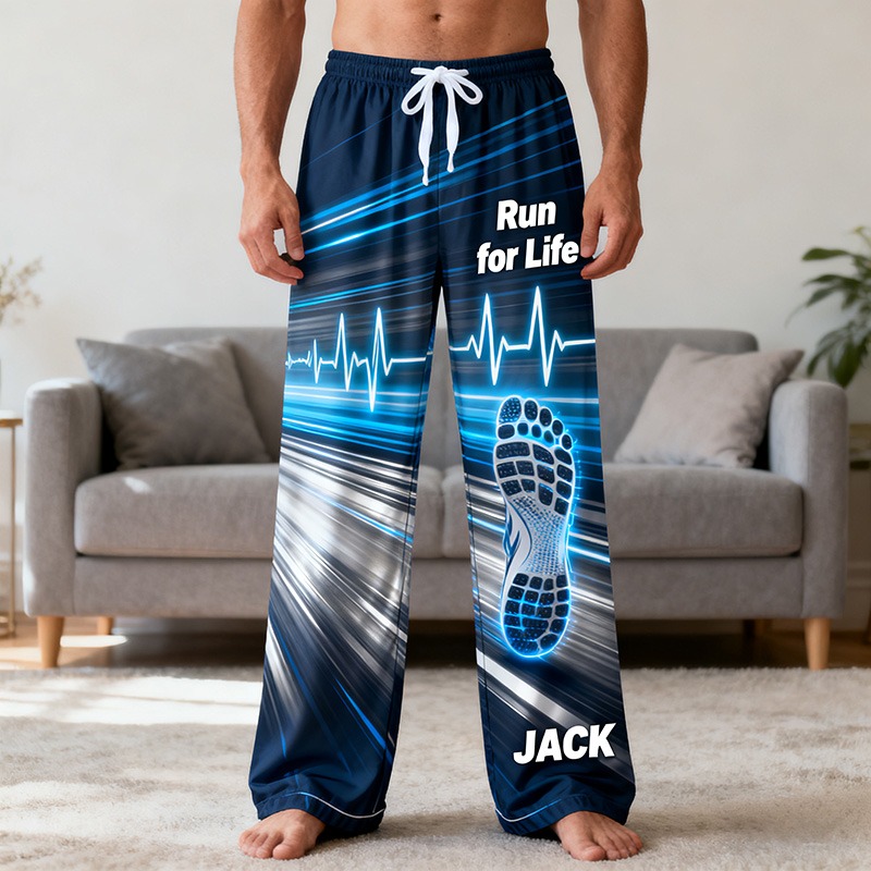 Personalized Running Print Themed Casual Sleep Pants with Custom Name for Enthusiasts
