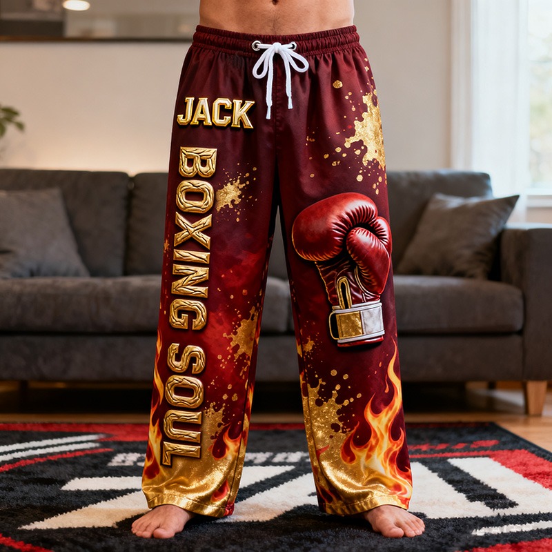 Personalized Boxing Print Themed Casual Pajama Pants with Custom Name for Enthusiasts