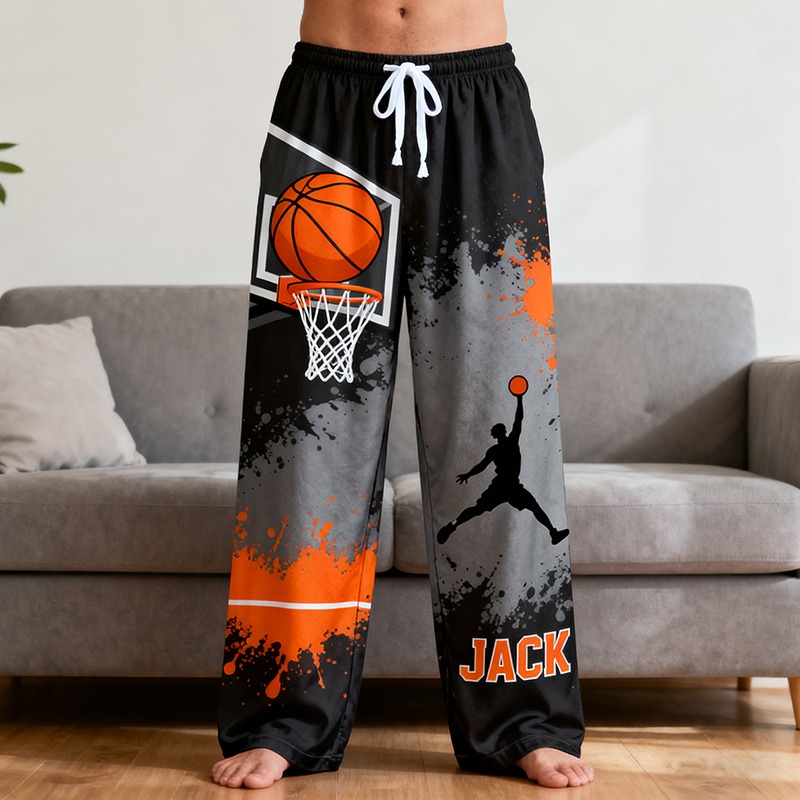 Personalized Basketball Print Themed Casual Pajama Pants with Custom Name for Basketball Lovers and Kid