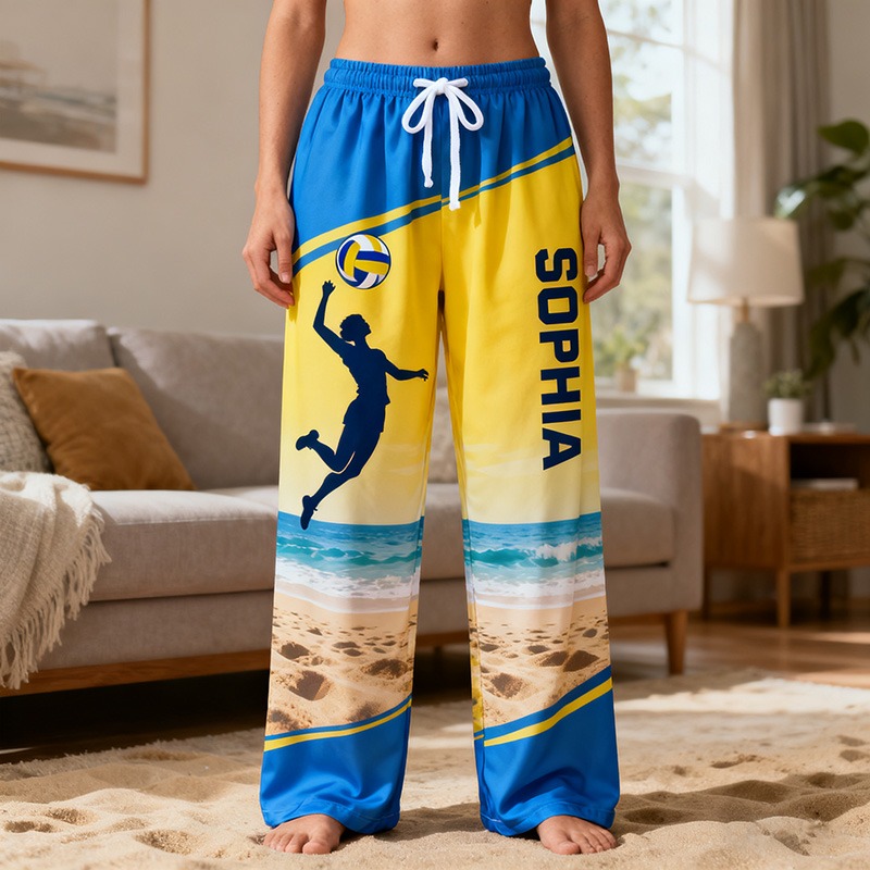 Personalized Volleyball Print Themed Casual Pajama Pants with Custom Name for Enthusiasts