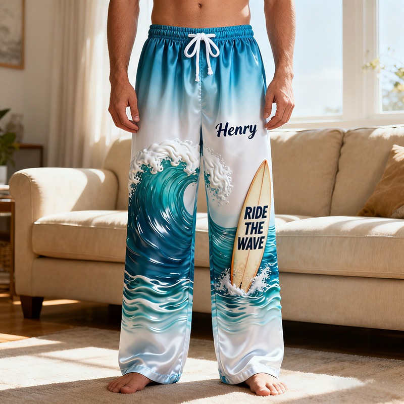 Personalized Surf Print Themed Casual Pajama Pants with Custom Name for Enthusiasts
